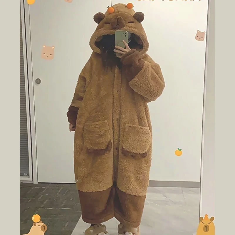 Women Pajamas Lovely Capybara Robe Girls Homewear Anime Onesie for Adults Coral Fleece Warm Pajams Friend Party Holiday Jumpsuit - Image 4