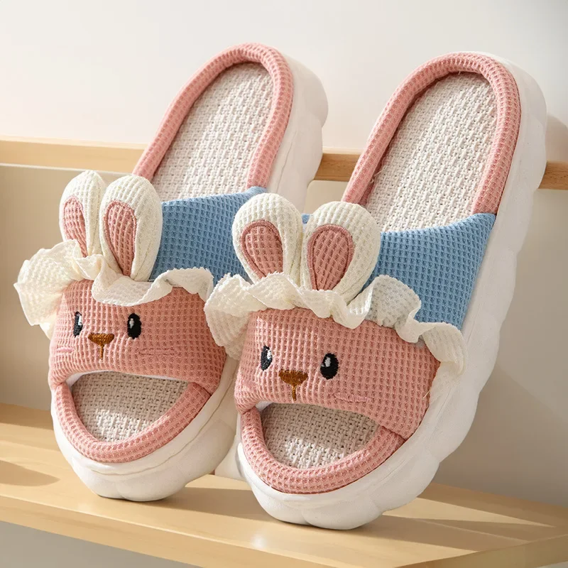 Cute Rabbit Slippers For Womens Autumn Cartoon Flip Flops Lady Cotton Linen House Shoes Slides Four Season Casual Home Slippers - Image 4