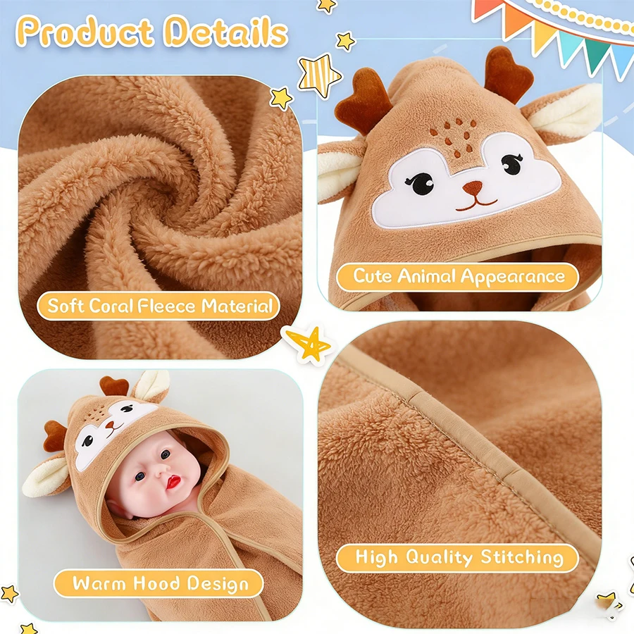 Baby Animal-Shaped Bathrobe, Quick-Absorbing Soft Hooded Bath Towel, Baby Wrap Blanket, Suitable for Bathroom, Beach, and Multiple Bathing Scenarios, a Holiday Gift for Children - Image 5