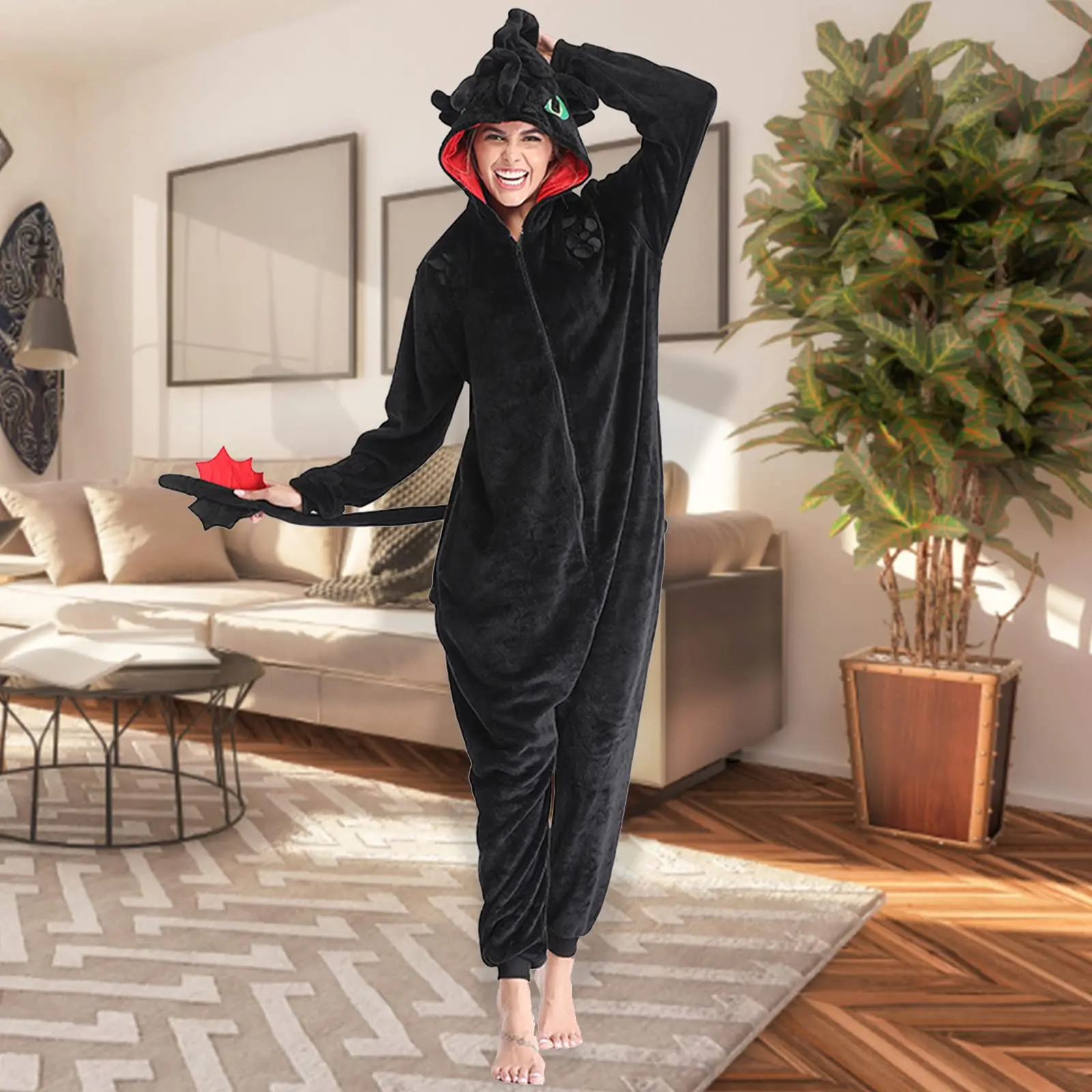 P-jsmen Toothless Pajamas with Shoes Animal Dragon Train Flannel Costume Winter Plush Onesie PJS Cosplay Family Woman Adult - Image 3