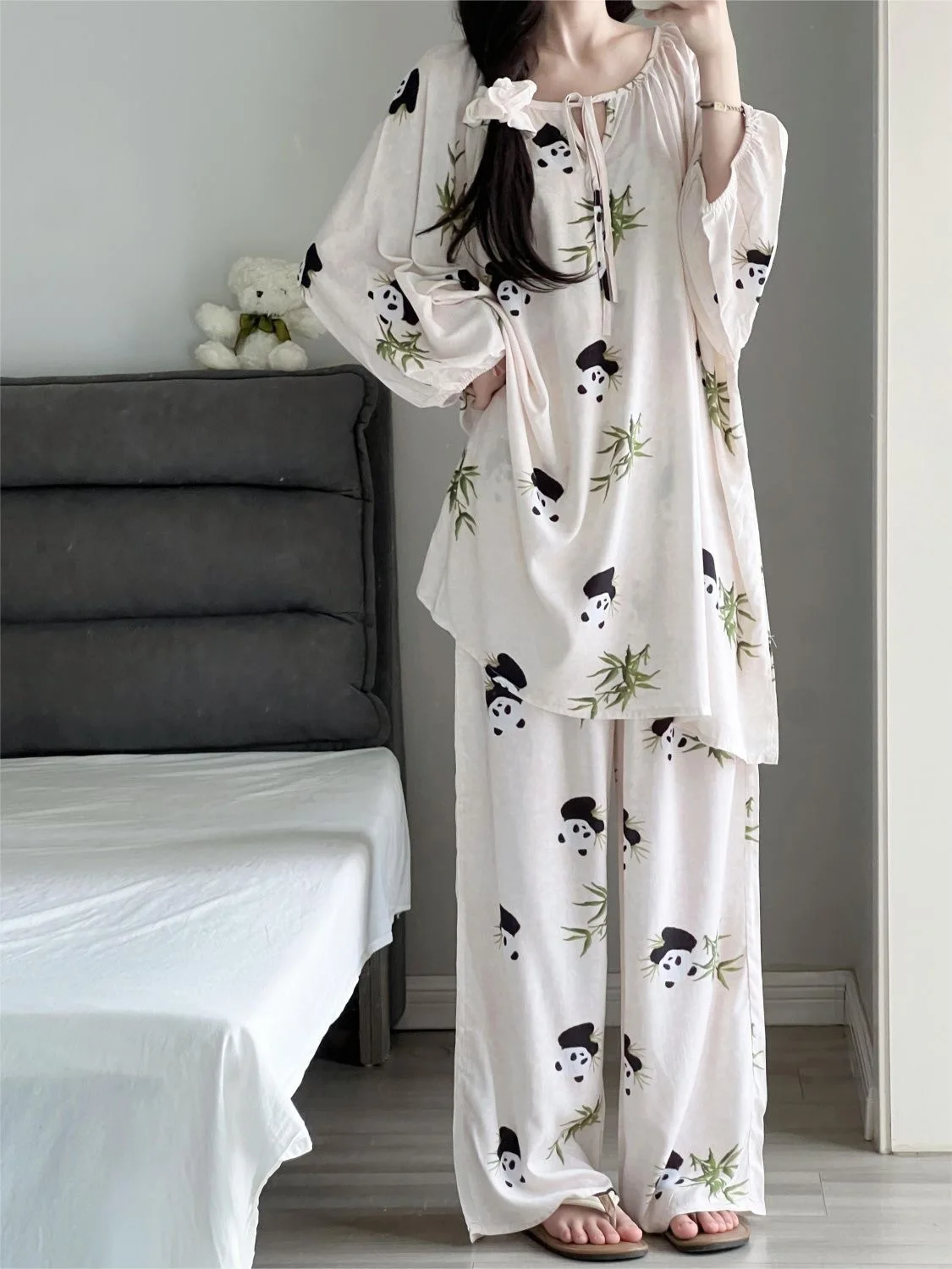 Popular pajama women's cartoon panda leopard print imitation cotton spring and autumn style new plus size home suit set - Image 4