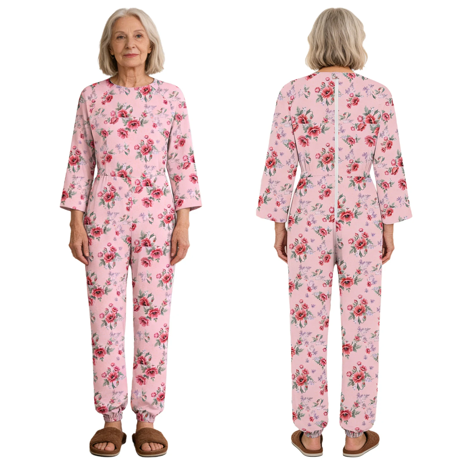 Women Elderly Alzheimer Adaptive Jumpsuit Back and Legs Zipper Print Anti-strip Rompers for Dementia Disabilities Special Needs
