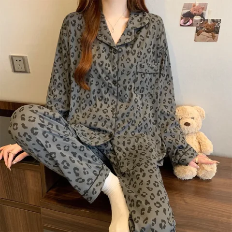 Korean-Style Grey Leopard Print Pyjamas for Women Spring New Arrival Minimalist Cotton-Like Long-Sleeved Cardigan Loungewear Set