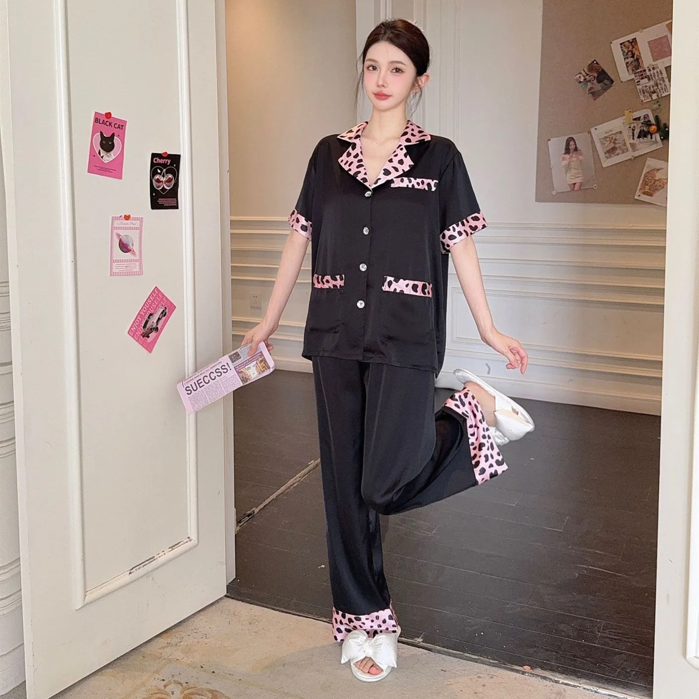 Female Leopard Pajama Three Piece Set Loungewear Sexy Short Sleeve Shirt Shorts Pants Sleepwear Summer Satin Home Wear - Image 4