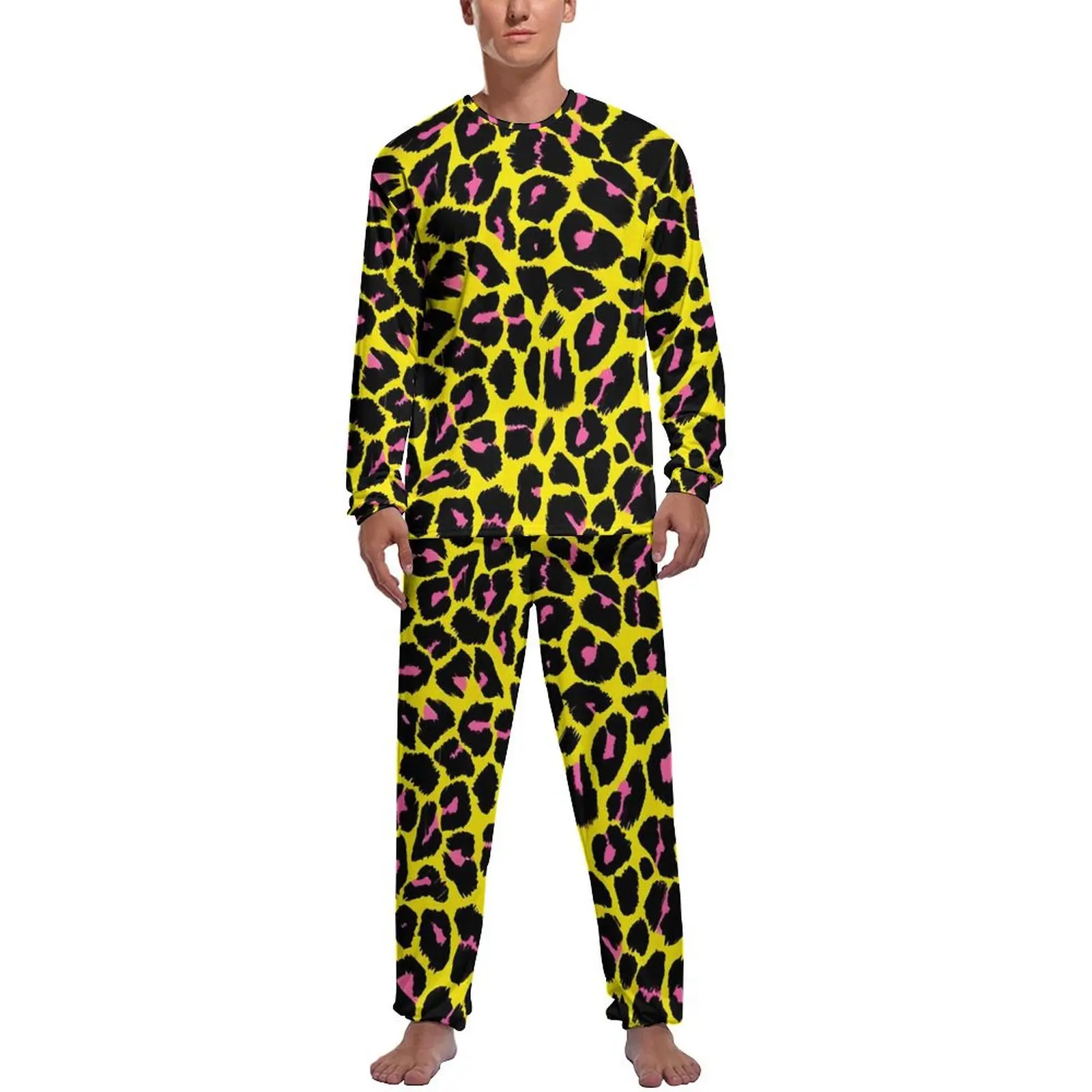 Orange Leopard Print Pajamas Spring Casual Sleepwear Mens 2 Pieces Pattern Long Sleeve Fashion Pajama Sets - Image 9