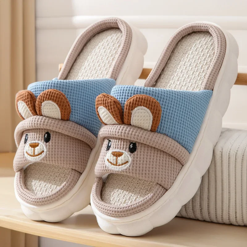 Cute Rabbit Slippers For Womens Autumn Cartoon Flip Flops Lady Cotton Linen House Shoes Slides Four Season Casual Home Slippers - Image 3