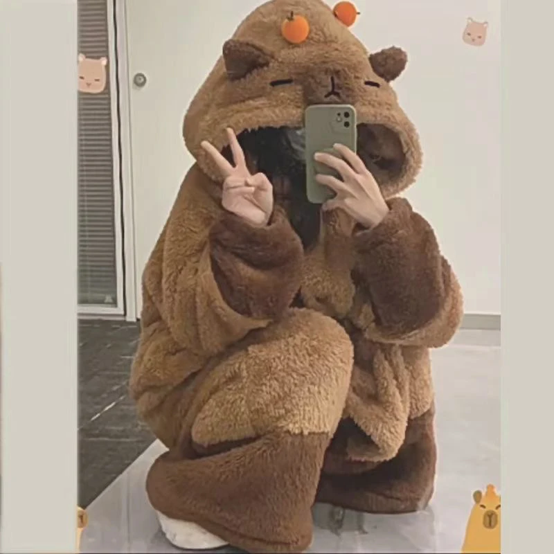 Women Pajamas Lovely Capybara Robe Girls Homewear Anime Onesie for Adults Coral Fleece Warm Pajams Friend Party Holiday Jumpsuit - Image 6