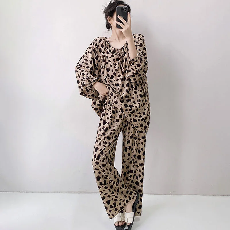 Popular pajama women's cartoon panda leopard print imitation cotton spring and autumn style new plus size home suit set - Image 2
