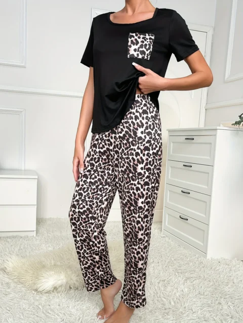Women's new style pajamas short sleeve shirt trousers leopard print pattern casual elegant two-piece home wear