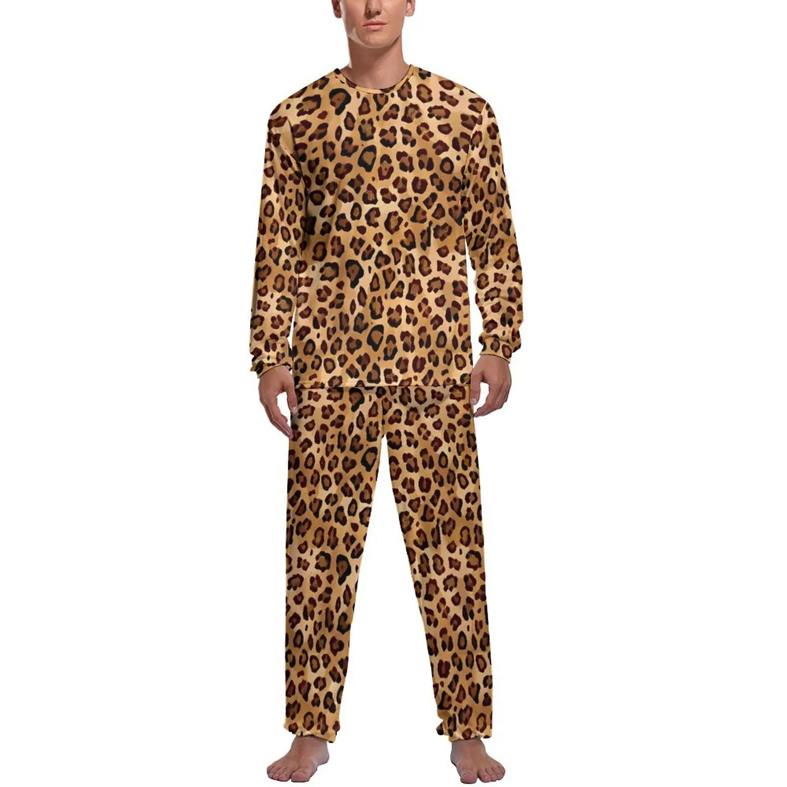 Orange Leopard Print Pajamas Spring Casual Sleepwear Mens 2 Pieces Pattern Long Sleeve Fashion Pajama Sets - Image 8