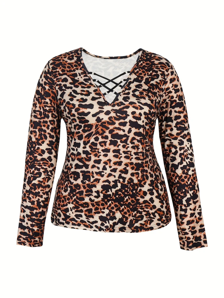 Plus Size Womens Elegant Leopard Print Long Sleeve Top Lace Trim Deep V-Neck Suitable for plus size wear Fashion Sexy - Image 2