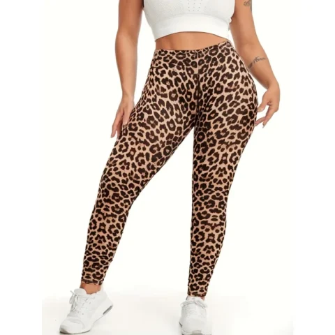 Plus Size Women Leggings Streetwear Fashionable Leopard Print Trousers with Slim Fit and Tight Fit Elastic Waistband Pants
