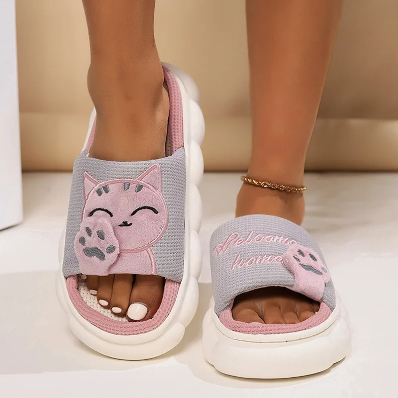 Home Linen Slipper for Women Cute Bunny Clouds Flip Flops Female Design Cozy Shoes Slides Four Season Platform Couples Sandals - Image 19