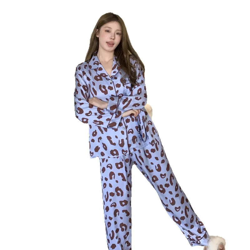 2025 Autumn Winter Ice Silk Leopard Print Pajamas Women Fashion High-End Soft Long Sleeve Pants Loungewear 2piece Set Sleepwear - Image 6