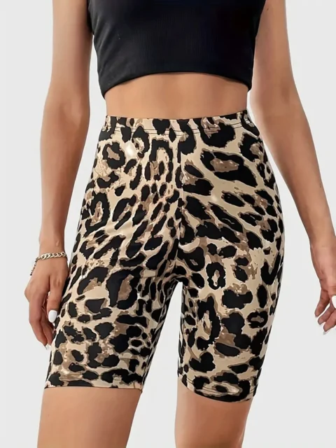 Plus Size Women's Tight Five-point Pants Leopard Printed Pattern High Elasticity Knitted Middle Pants fashion Casual plaid Short