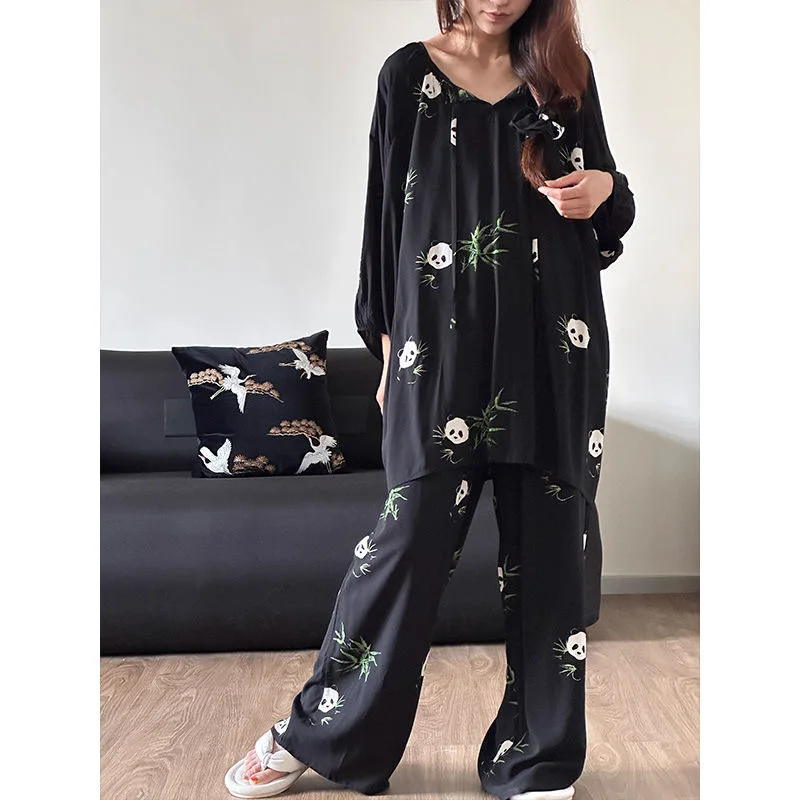 Popular pajama women's cartoon panda leopard print imitation cotton spring and autumn style new plus size home suit set - Image 6