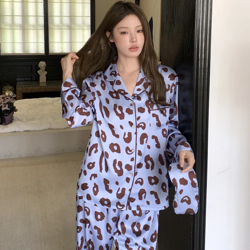 2025 Autumn Winter Ice Silk Leopard Print Pajamas Women Fashion High-End Soft Long Sleeve Pants Loungewear 2piece Set Sleepwear - Image 5