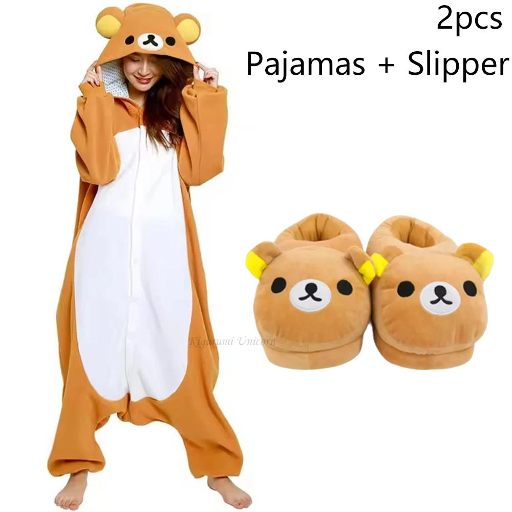 Halloween Christmas Cartoon Bear Pajama Rilakkuma Kigurumi Unicorn Adult Anime Jumpsuit Cute Cartoon Sleepwear Buttons Slippers - Image 7