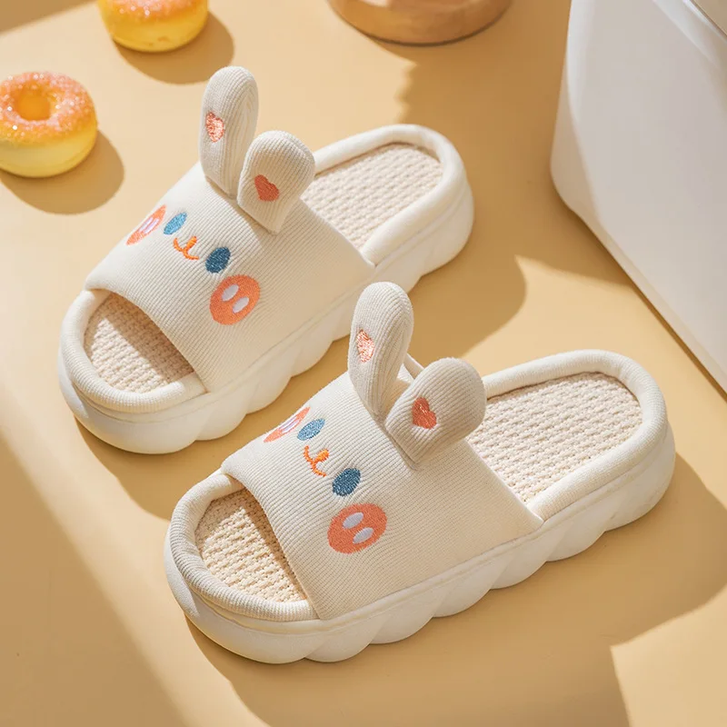 Home Linen Slipper for Women Cute Bunny Clouds Flip Flops Female Design Cozy Shoes Slides Four Season Platform Couples Sandals - Image 16