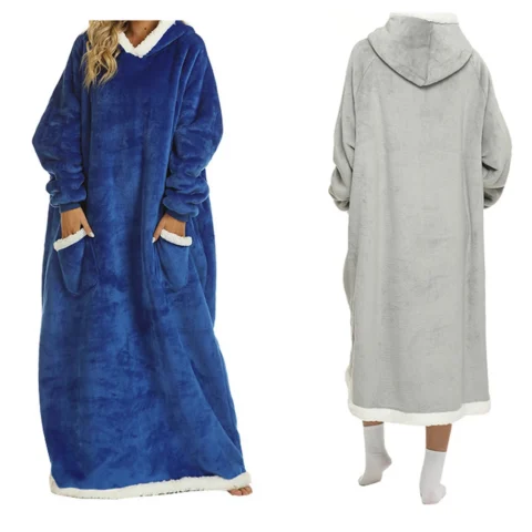 Winter Hooded Pajamas TV Wearable Blanket Extended Pocket Lazy Carpet Hoodie Cover Warm Bathrobe Soft Plush Throw with Sleeves