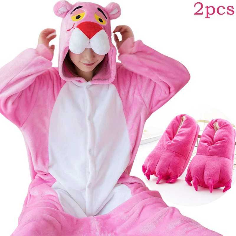 Pink Leopard Kigurumi Unicorn Pajamas Sets Flannel Animal Pyjamas Ladies Winter Nightie Sleepwear Homewear Cosplay Slipper - Image 7