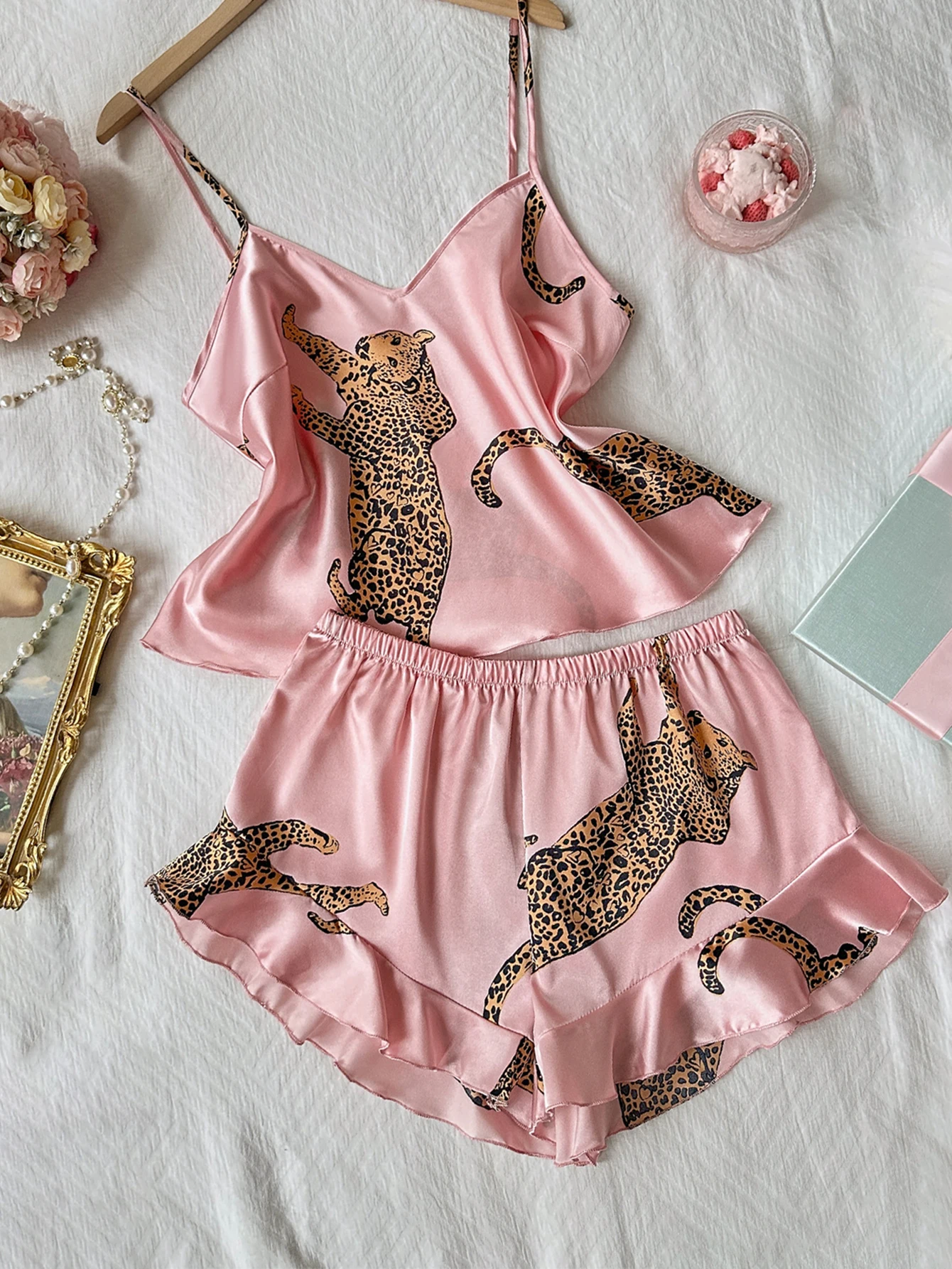 2-piece leopard print pajama set sexy and casual halter shorts women's Sleepwear