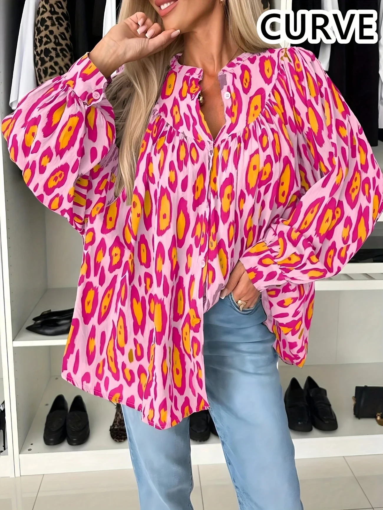 Plus Size 1Xl-5XL Women'S Leopard Print Front Button Casual Long Sleeve Shirt Simple Lapel Design Loose with Pocket Shirt Top - Image 6