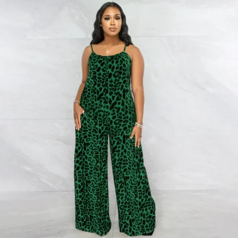 Large-size European and American women's summer new fashionable leopard print sexy camisole jumpsuit