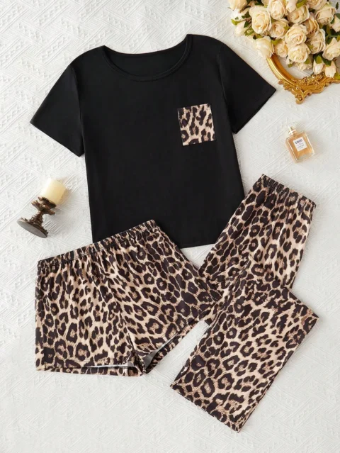 3-Pack Women's Summer Pajamas for Women Simple Casual Leopard Print Women's Short-Sleeved Shorts Pajamas Set for Women