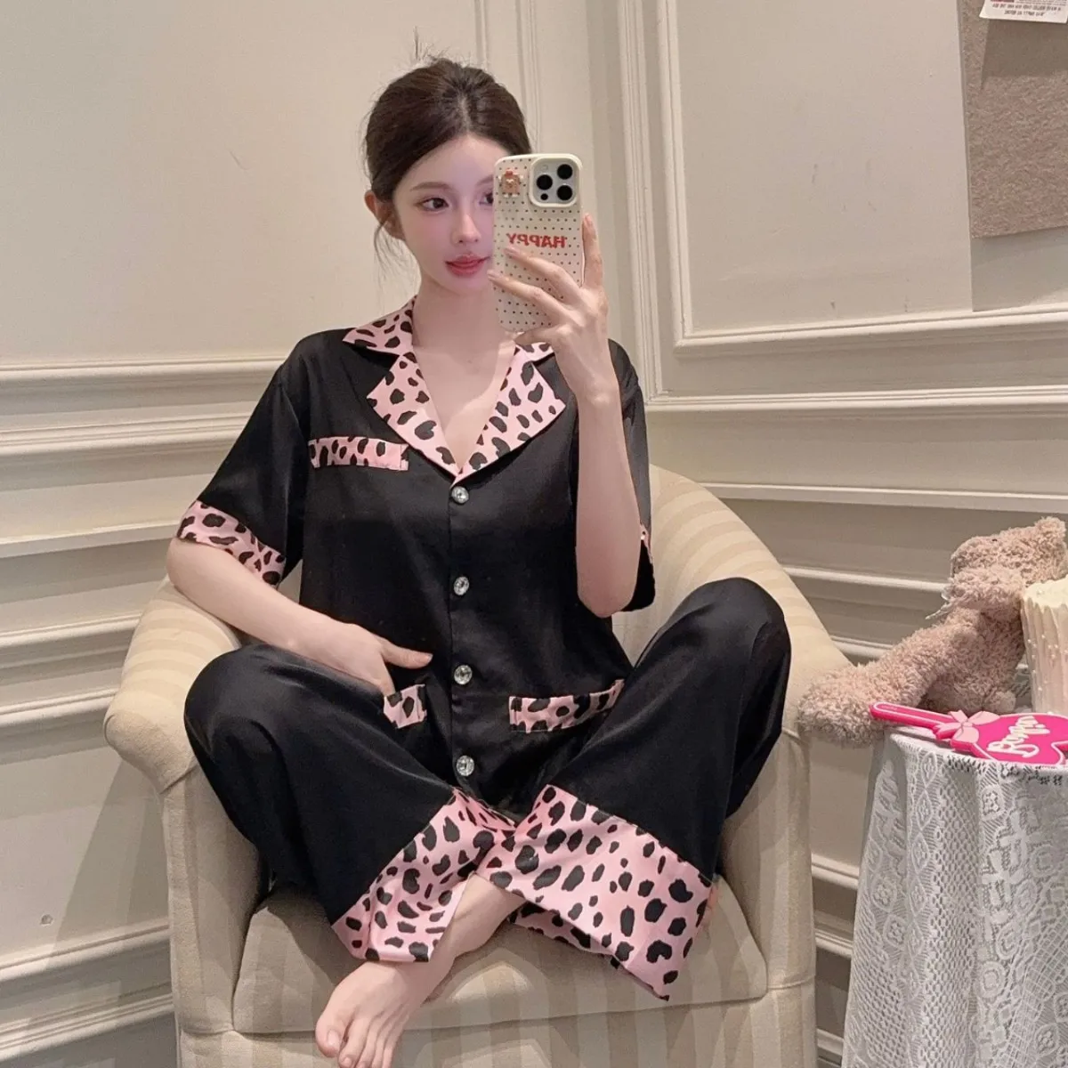 Female Leopard Pajama Three Piece Set Loungewear Sexy Short Sleeve Shirt Shorts Pants Sleepwear Summer Satin Home Wear - Image 3