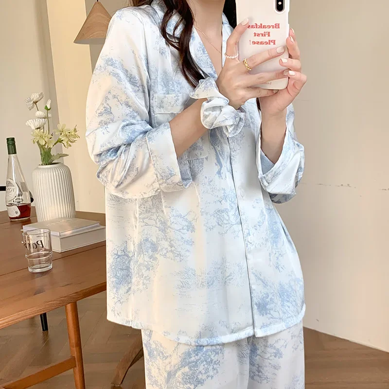 Leopard Print Long Sleeve Pajmaas Set Spring New Silk Satin Sleepwear Home Clothes Loose Casual Home Clothes Trouser Suits - Image 8