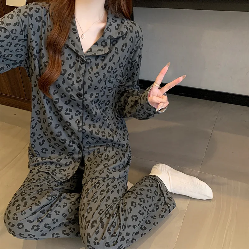 Korean-Style Grey Leopard Print Pyjamas for Women Spring New Arrival Minimalist Cotton-Like Long-Sleeved Cardigan Loungewear Set - Image 3