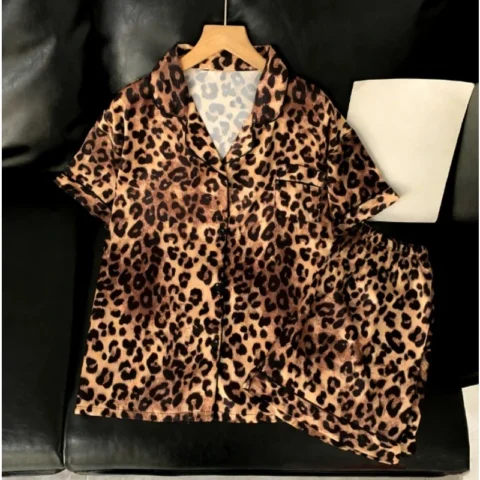 Vintage Leopard Print Two-Piece Set Pajamas Women's Summer French Luxury Women's Pajamas Set Cool New Short Sleeve Sleepwear