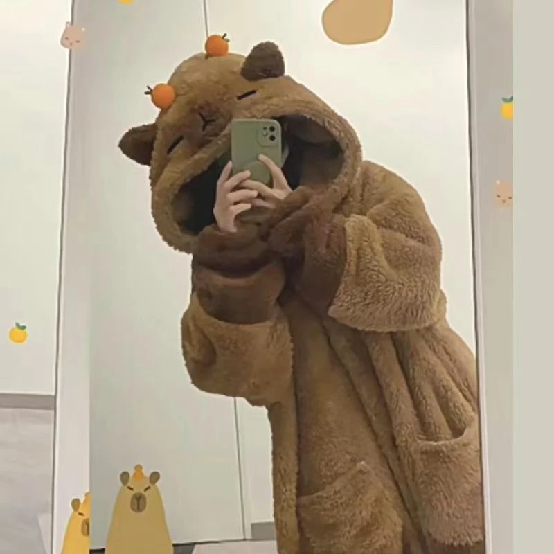 Women Pajamas Lovely Capybara Robe Girls Homewear Anime Onesie for Adults Coral Fleece Warm Pajams Friend Party Holiday Jumpsuit - Image 3