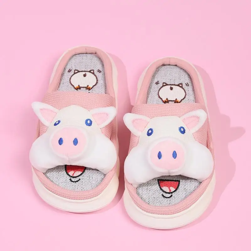 Platform Slippers Women Home Casual Cartoon Pig Designer Shoes Girls Flats House Cotton Linen Cute Slippers Open Toe Fashion - Image 5