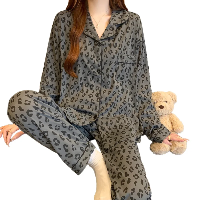 Korean-Style Grey Leopard Print Pyjamas for Women Spring New Arrival Minimalist Cotton-Like Long-Sleeved Cardigan Loungewear Set - Image 5
