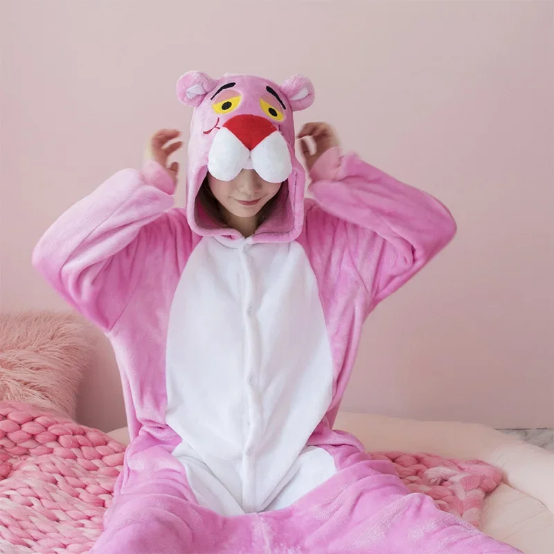 Pink Leopard Kigurumi Unicorn Pajamas Sets Flannel Animal Pyjamas Ladies Winter Nightie Sleepwear Homewear Cosplay Slipper - Image 2