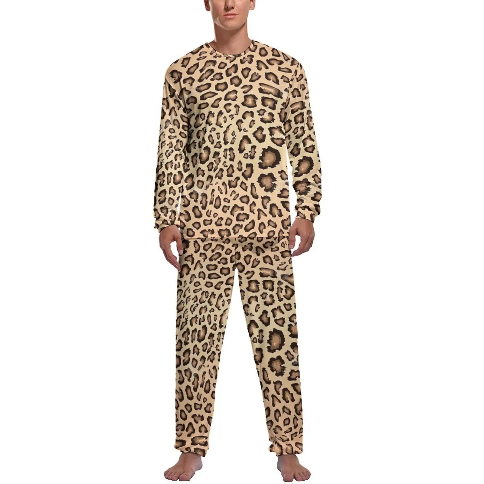Orange Leopard Print Pajamas Spring Casual Sleepwear Mens 2 Pieces Pattern Long Sleeve Fashion Pajama Sets - Image 6