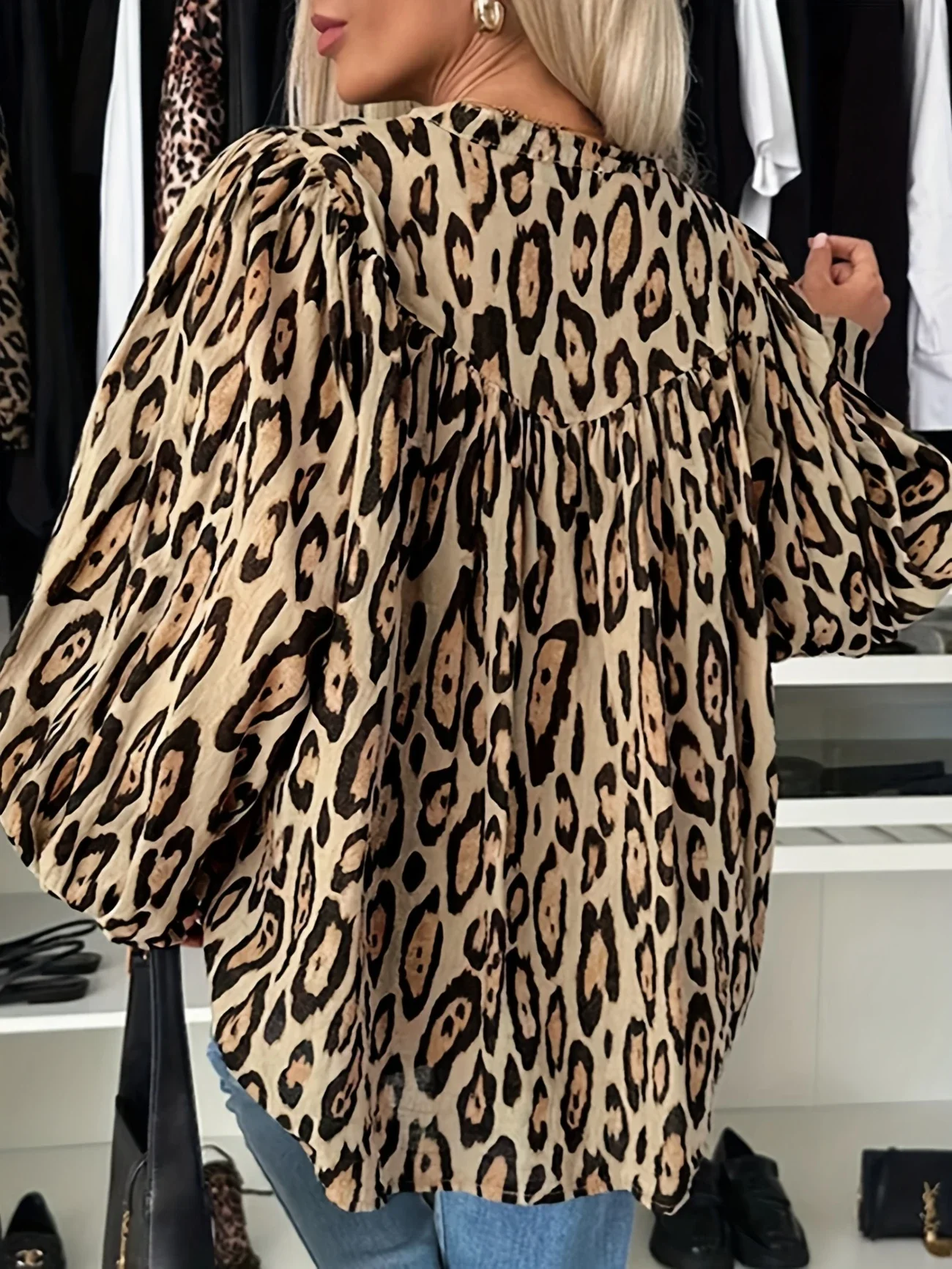 Plus Size 1Xl-5XL Women'S Leopard Print Front Button Casual Long Sleeve Shirt Simple Lapel Design Loose with Pocket Shirt Top - Image 2