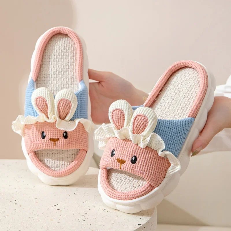 Cute Rabbit Household Slippers – Women's & Men's Non-Slip Linen Indoor Platform House Shoes
