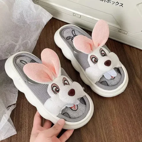 Cute Cartoon Rabbit Couple Slippers, Unisex Spring Summer Cotton Linen Slides, Breathable Soft Indoor Home Floor Non Slip Shoes