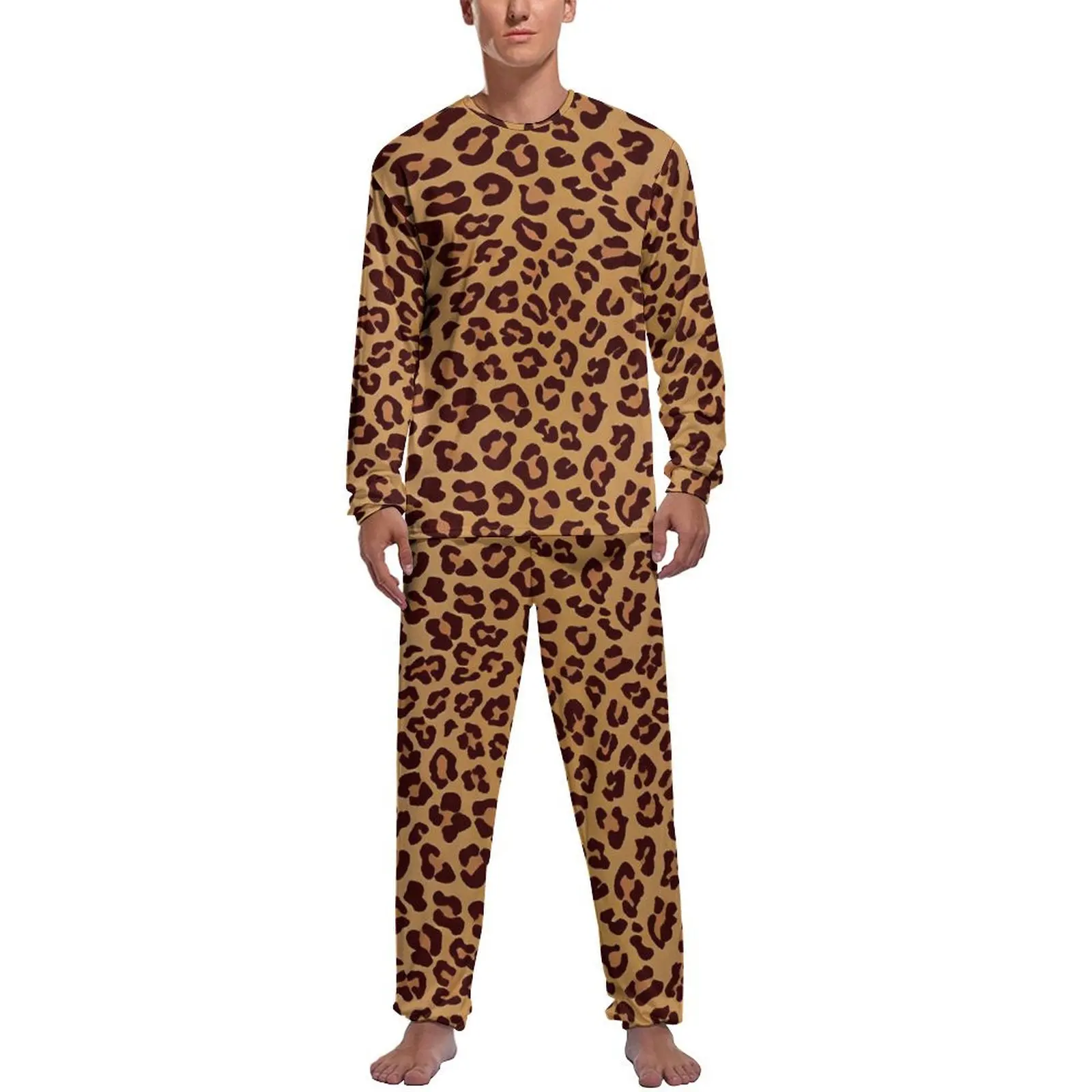 Orange Leopard Print Pajamas Spring Casual Sleepwear Mens 2 Pieces Pattern Long Sleeve Fashion Pajama Sets - Image 13