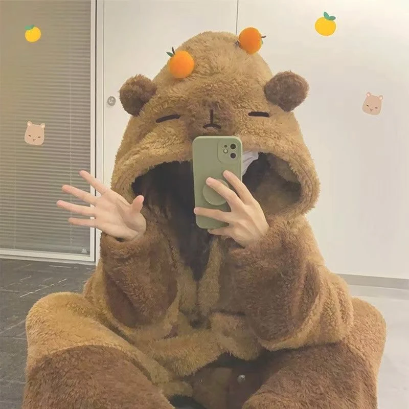 Women Pajamas Lovely Capybara Robe Girls Homewear Anime Onesie for Adults Coral Fleece Warm Pajams Friend Party Holiday Jumpsuit - Image 5