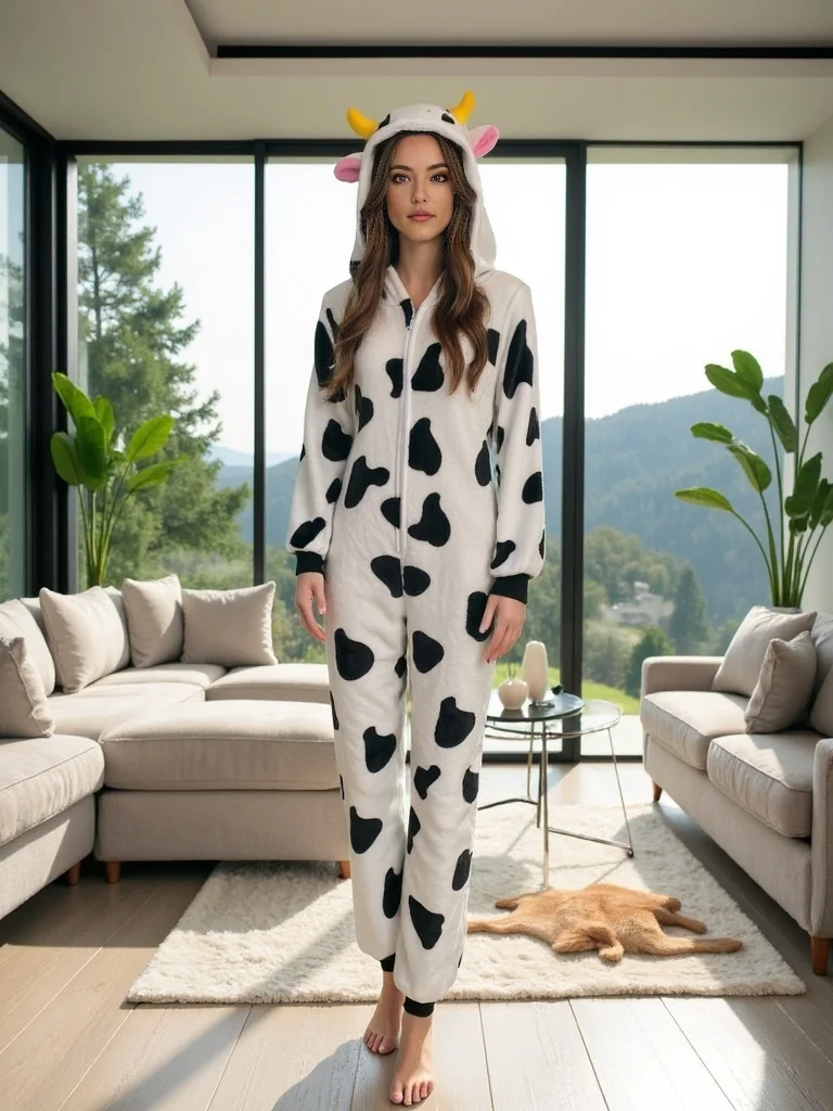 Milk Loong Cartoon Onesie For Women With Zipper Hooded Onesie Homewear Flannel Cartoon Pajamas - Image 12