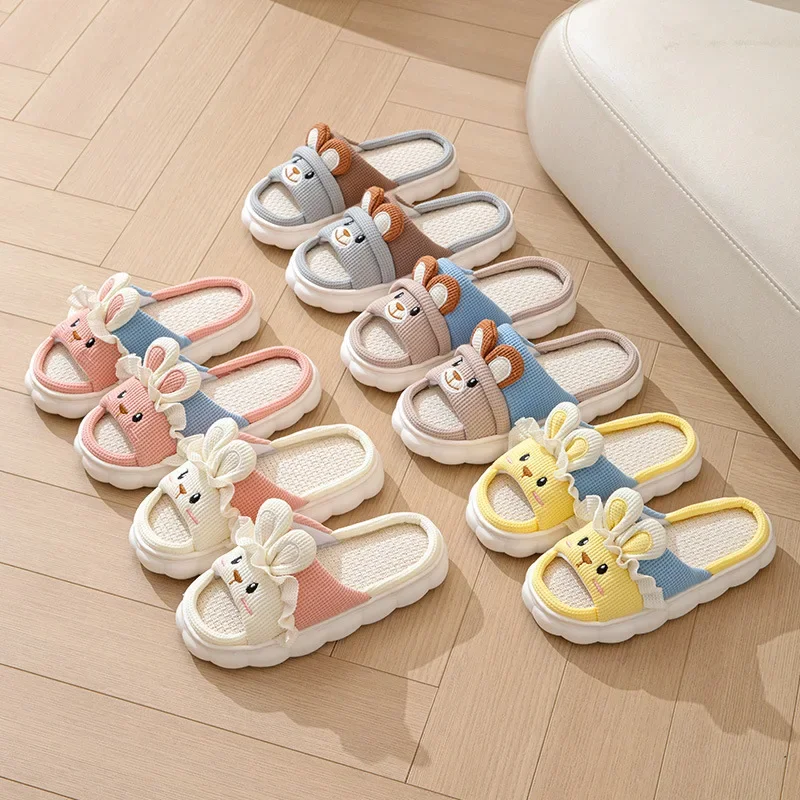 Women Cute Rabbit Household Slippers Four Seasons Men Indoor Linen Silent Thickened Cotton Shoes Comfortable Non-slip Platform - Image 2