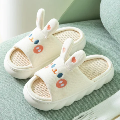 Thick Sole Cartoon Bunny Linen Slippers Female Cute Rabbit Anti-slip Sweat Home Comfy Sandals Four Seasons Family Cotton Slipper