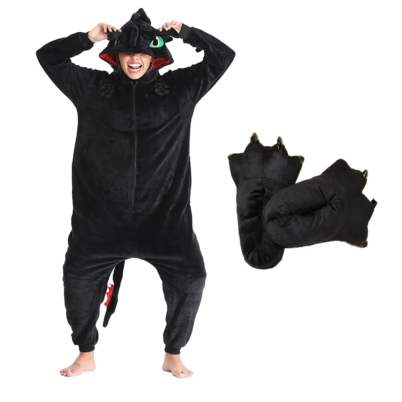 P-jsmen Toothless Pajamas with Shoes Animal Dragon Train Flannel Costume Winter Plush Onesie PJS Cosplay Family Woman Adult - Image 9