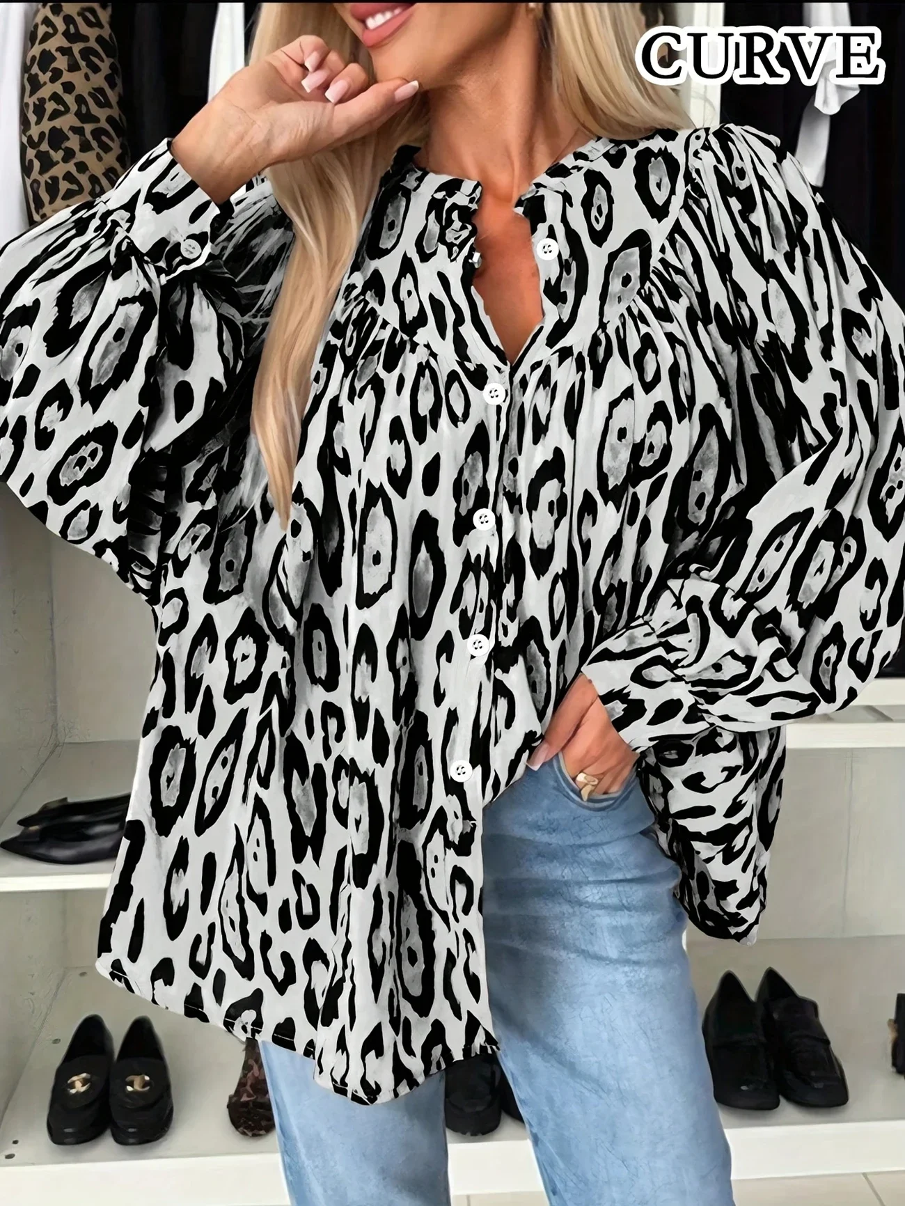 Plus Size 1Xl-5XL Women'S Leopard Print Front Button Casual Long Sleeve Shirt Simple Lapel Design Loose with Pocket Shirt Top - Image 4