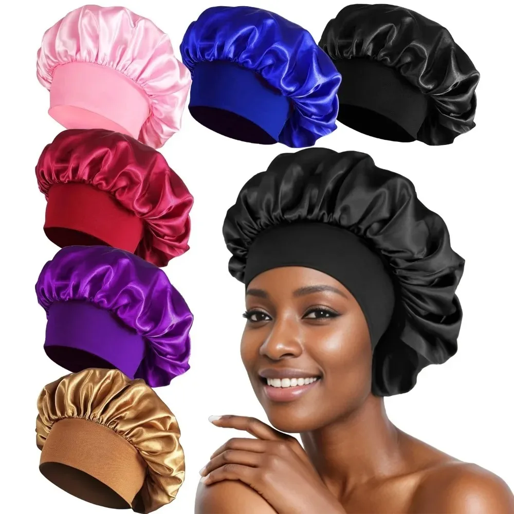 1pcs Soft Silk Satin Lined Bonnet Large Satin Hair Bonnet Household Sleep Shower Cap Hair Wrap Cover for Long Hair Salon Tool - Image 3